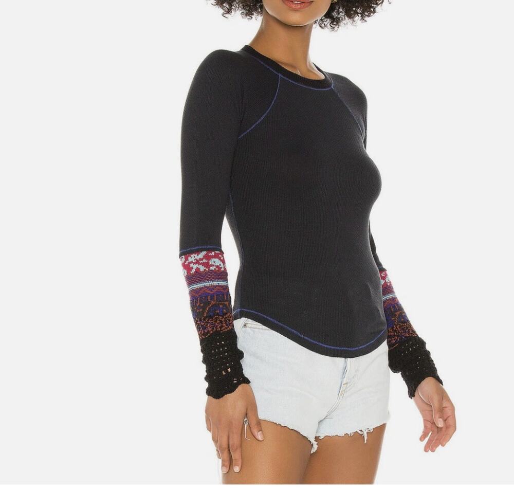 Free People In The Mix Cuff Thermal Top Navy Blue XS